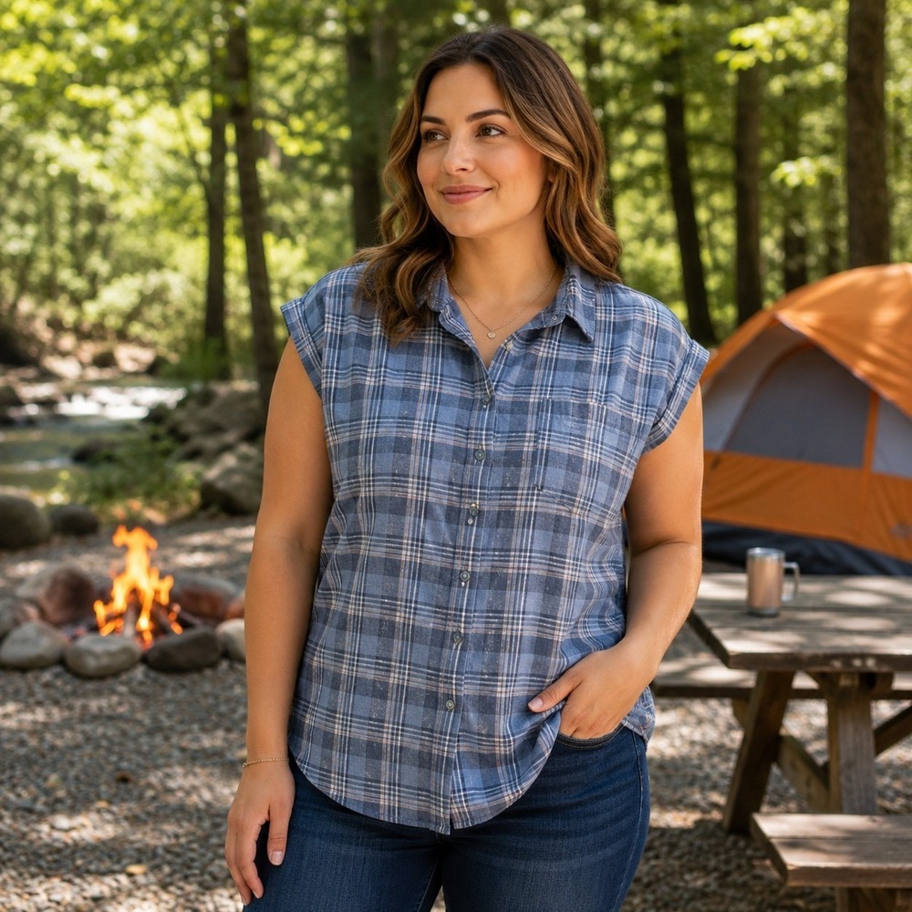 Ridgecut Women's Medium Blue Plaid Shirt Camping Hiking Cottagecore Outdoor